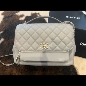 Chanel large classic flap business affinity gray caviar gold hardware